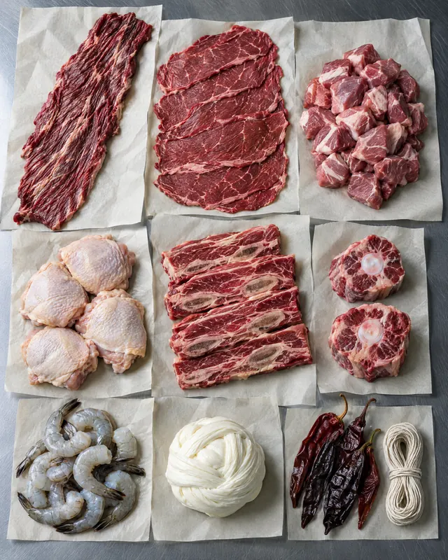 Raw cuts laid out on butcher paper: skirt steak, flap meat, cubed pork, chicken thighs, short ribs, oxtail, shrimp, queso Oaxaca and dried chiles