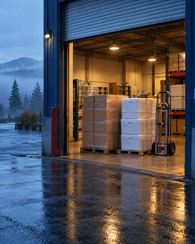 A warehouse loading dock at dawn with pallets of boxed orders ready to go